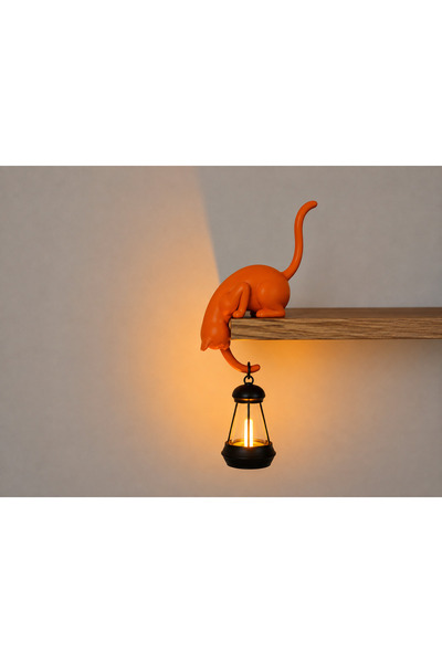 Decorius Askılı Kedi Raf Dekoru 24 cm - LED Fenerli Minimalist Salon & Balkon...