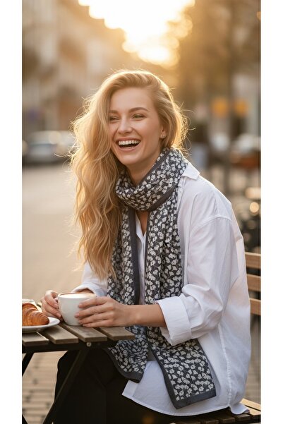 ABOUT US Black Ecru Leaf Patterned Women's Shawl Minimal Botanical Pattern Da...