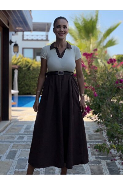 Atelier Derin Brown Beige Shirt Collar Belted Dress