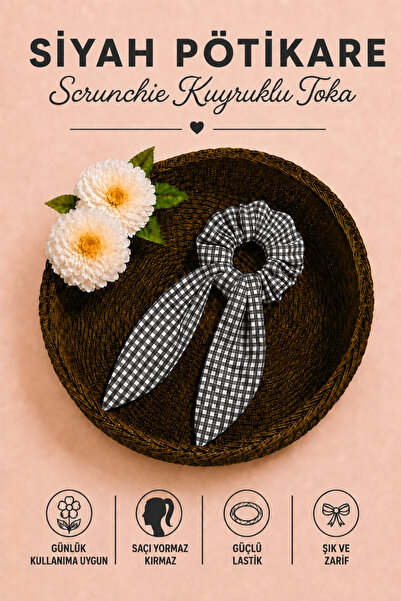 Hophera Black and White Gingham Tail Scrunchie with Strong Elastic Hair Clip