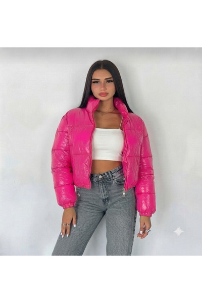 Dakfrogs kadın parlak dik yaka fermuarlı kısa şişme mont