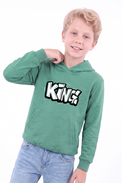 panios kids Erkek Çocuk Baskılı Kanguru Cepli Uzun Kollu Kapüşonlu Sweatshirt