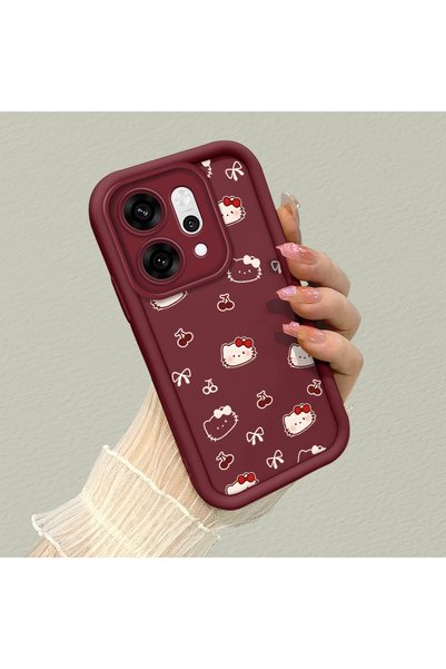 CHICASELUX Oppo Reno14 Pro Compatible Burgundy Color Cute Cat Cherry and Bow ...