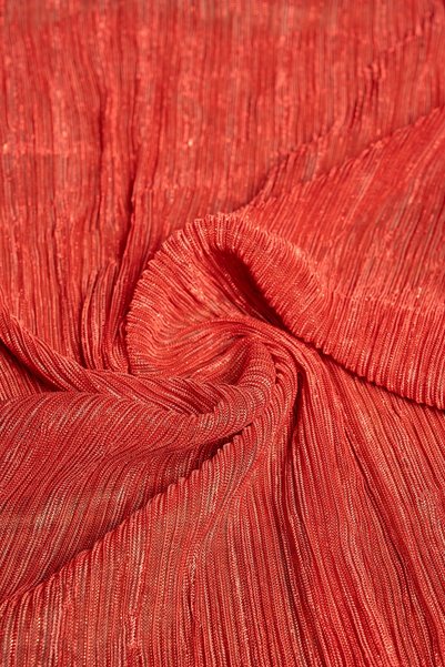 Kumaş Deposu Pleated Moonlight Red Color Knitted Evening Dress Fabric