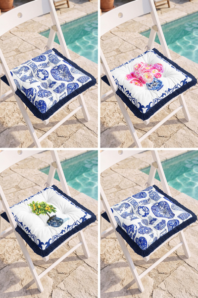 Realhomes Blue and White Tile Vase and Pink Rose Patterned 4-Piece Fringed Po...