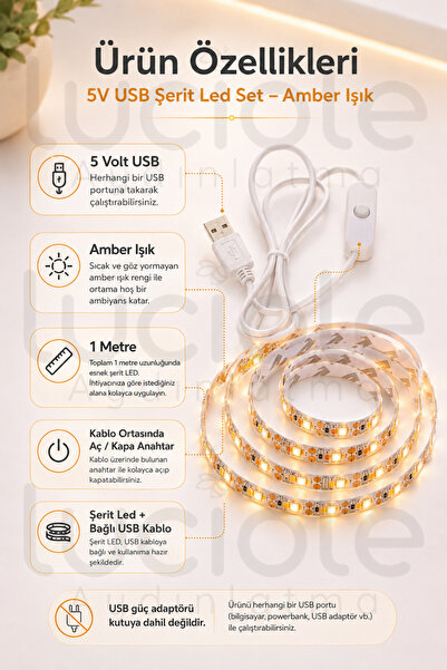 luciole 1 Metre 5V USB Amber Şerit LED Aç Kapa Anahtarlı Mutfak TV Arkası Masa Kamp Dekoratif Işık
