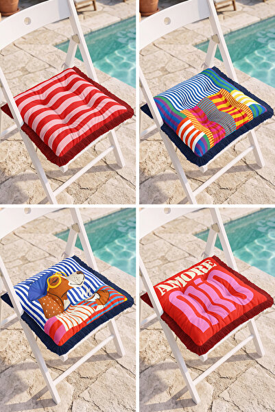 Realhomes Amore Mio Modern 4-Piece Fringed Puffy Chair Cushion Set with Writt...