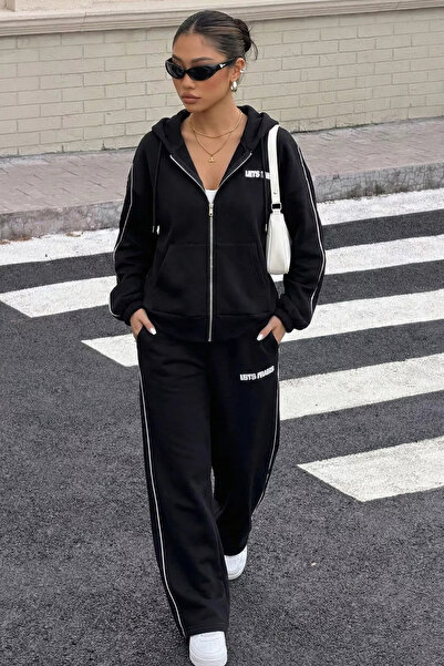 Aryena Black Women's Hooded Three-Thread Ruffled Oversize Tracksuit Set