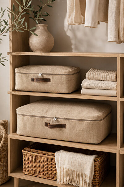 Dathcha Beige Jute Storage Bag 1 Piece m + 1 Piece L - Set of 2 Foldable Fabr...