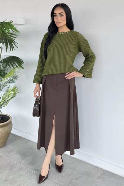 Aryena Khaki Women's Stone Embroidered Self-Patterned Knitwear Sweater