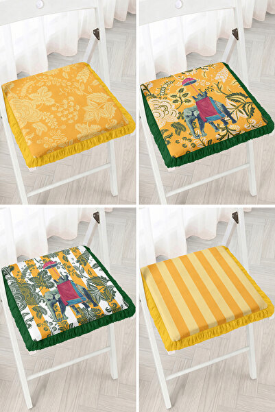 Realhomes Elephant Figured Botanical Leaf Patterned Mustard and Green 4-Piece...
