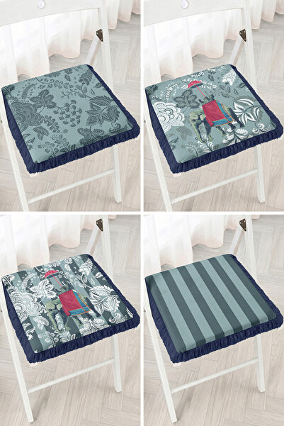 Realhomes Blue Green 4-Piece Fringed Zippered Chair Cushion with Elephant Fig...