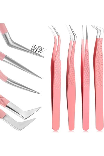 TERRIFI 4 Pack Stainless Steel Lash Tweezers, Fiber Tip with Straight, 45/90 ...