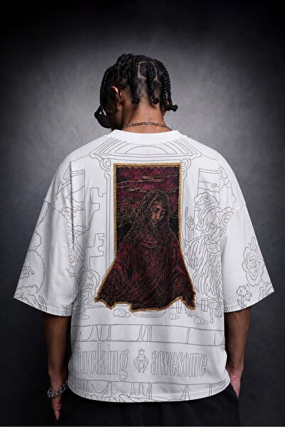 Slatra Ανδρικό μπλουζάκι White Sanctum Velvet Patch Oversize