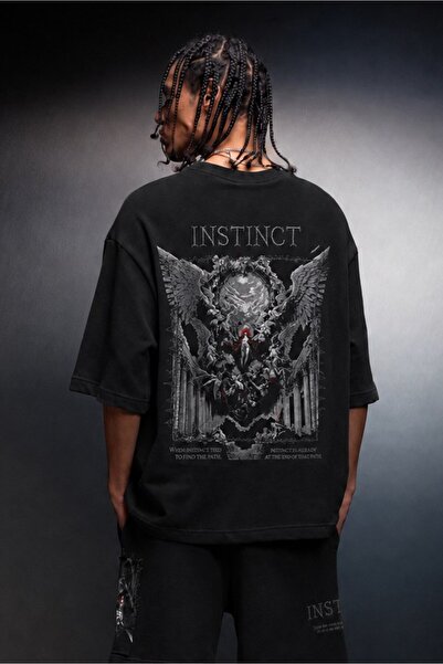 Slatra Erkek Siyah İnstinct Patch Nakışlı Oversize Tshirt