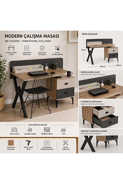 Metal Ayaklı Çalışma Masası 130 cm – 2 Çekmeceli Modern Çalışma Masası