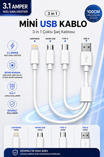 NEFFO 3.1A Hızlı Şarj Destekli 3in1 Çoklu Şarj Kablosu Lightning Micro USB Ty...