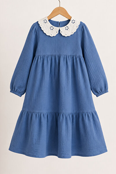 Angel&Co. Girls Clothing Midi haljina od muslina sa izvezenim ovratnikom - plava