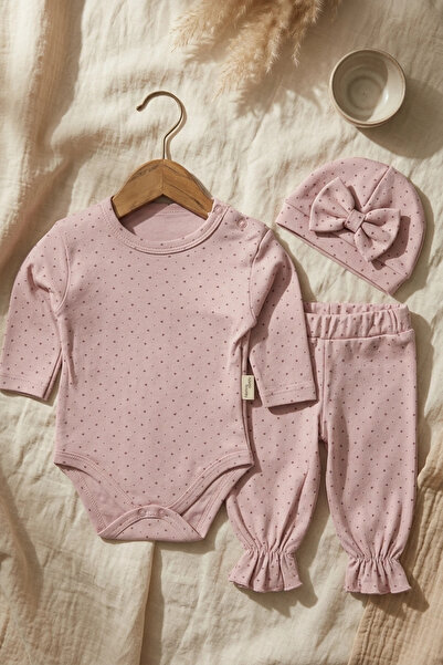Babydonat Lulla 100% Cotton Lilac Heart Patterned 3-Piece Baby Set - Long Sle...