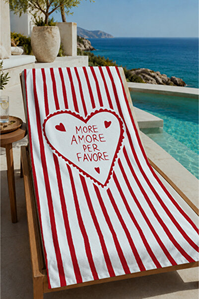 Evmila Red and White Striped More Amore Per Favore Heart Patterned 70X150 Bea...