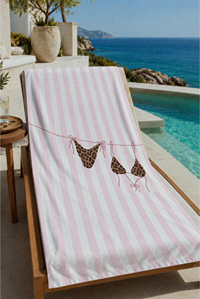 Evmila Pink and White Striped Butterfly Patterned 70X150 Beach Towel - Cotton...