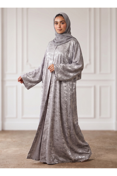 Nukhbaa Silver Mist Metallic Textured Satin Abaya