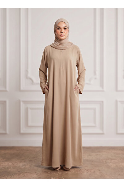 Nukhbaa Sand Beige Front Zip Nida Abaya with Inside Belt & Pockets