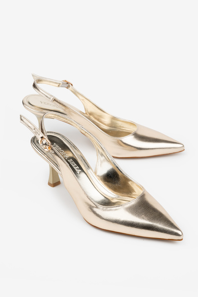 Kadın Gold Metalik 6 cm Alçak Topuklu Sivri Burun Arkası Açık Slingback Stiletto Ayakkabı