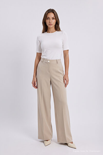 Zühre High Waisted Loose Fit Beige Trousers 0287