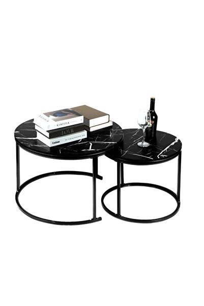 OEM Set of 2 Black Coffee Tables, Marble Effect