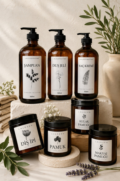 LALEZEN HOME 7-Piece Amber Bath Set – Shampoo, Shower Gel, Hair Conditioner, ...