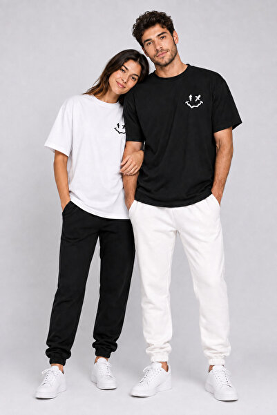 NEVERMİND Lover Combination Smiley Printed Couple T-Shirt Oversize Unisex 100...