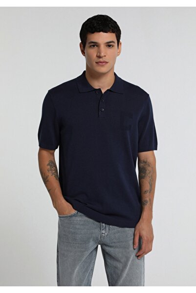 Colin's Regular Fit Polo Neck Jacquard Men's Navy Blue Short Sleeve Sweater