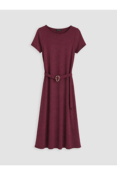 LC Waikiki Plum Color Crew Neck Flared Dress with Belt at Waist