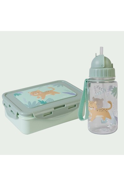saro Water Bottle and Lunch Box Set - Cats - Green