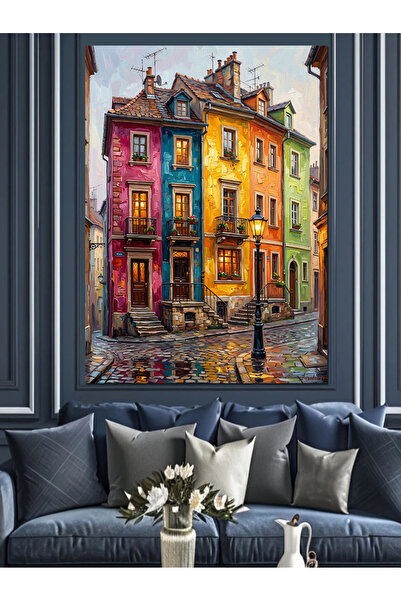 Artmeg Πολύχρωμος διακοσμητικός καμβάς Rainbow Houses Street - Ξύλινος πίνακα...
