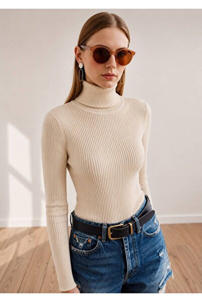 oneoff Women's Ribbed Knitwear Turtleneck Sweater Long Sleeve Flexible Slim F...