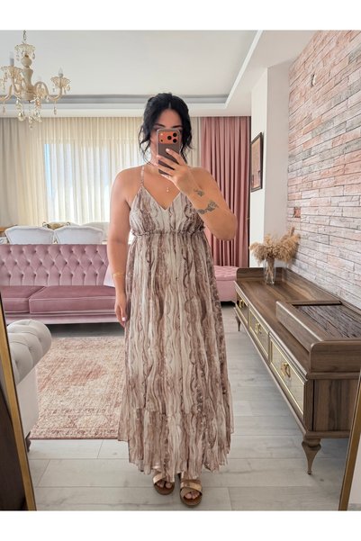 bussrabutik Yılan desenli Sırt dekolteli askılı maxi şifon elbise