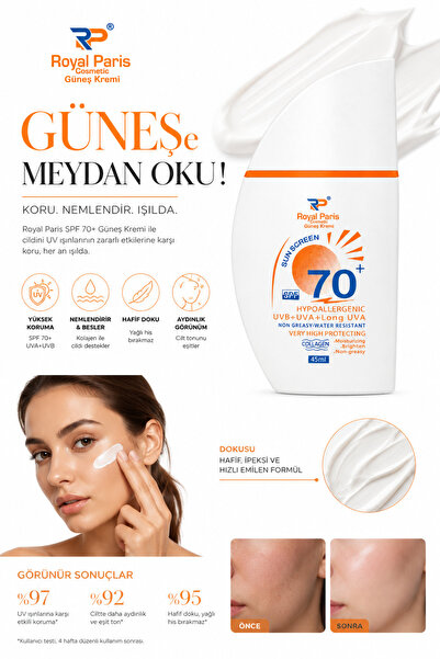 RP Royal Paris Cosmetic Yüksek Korumalı SPF 70 Güneş Kremi Kolajen Destekli Cilt Tonu Eşitleyici Leke Karşıtı Aydınlatıcı