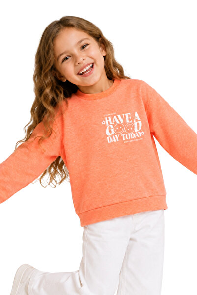 Divonette Girl's Sweatshirt Orange Long Sleeve Letter Patterned Children's Sw...