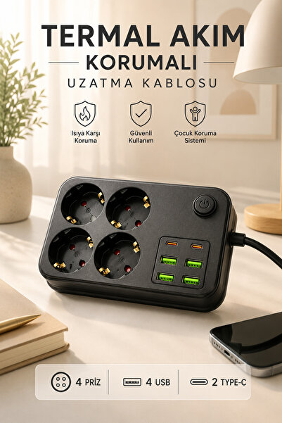 Montbell Termal Akım Korumalı Uzatma Kablosu 4 Priz 4 USB 2 Type-C 2500W Anah...