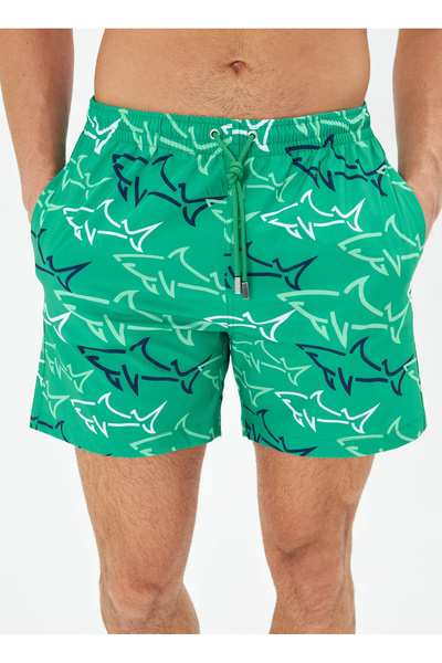 Whitefin Yeşil Erkek Desenli Şort Mayo STRETCH SHARK
