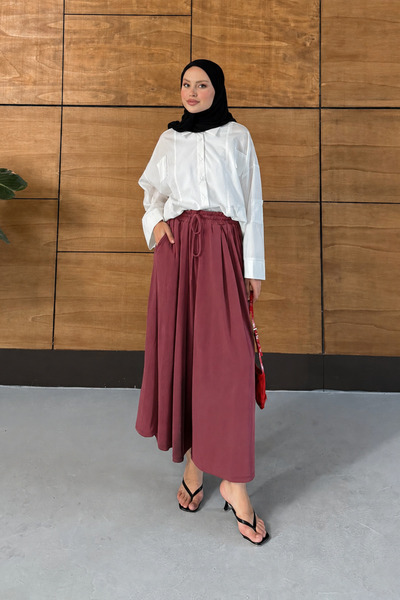Miss Allos Wide-Legged Draped Modal Fabric Skirted Trousers with Elastic Waist