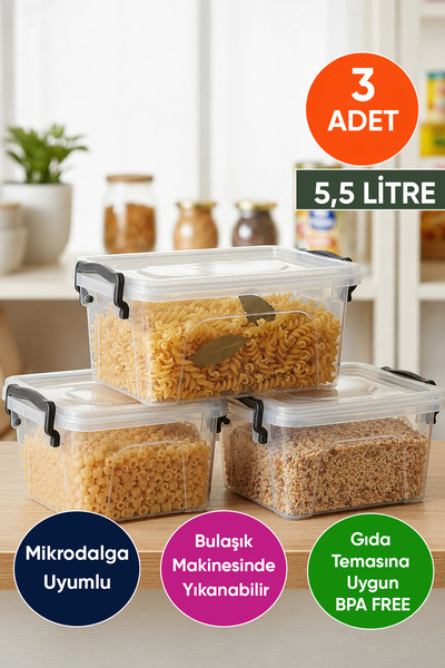 Vinoa 3 Pieces 5.5 Liter Food Storage Container with Lid, Legume Storage Cont...