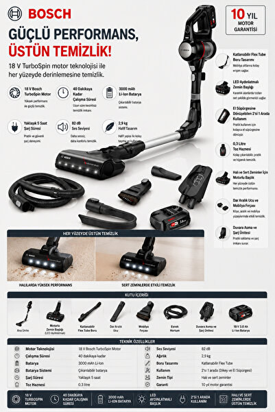 Bosch Katlanabilir Flex Tube Tasarım, 40 Dakika Çalışma Süresi, Çıkarılabilir...