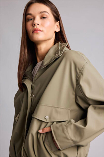DeFacto Regular Fit Hooded Faux Leather Khaki Women's Raincoat & Windbreaker ...
