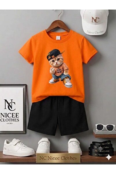 Leto Lykia Summer Children's T-Shirt Shorts Unisex (Hip Hop Cat Printed)
