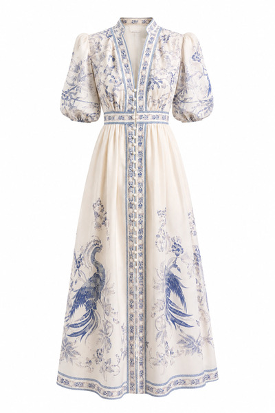 HAZELANNA Fakir Sleeveless Blue Floral Ecru Dress