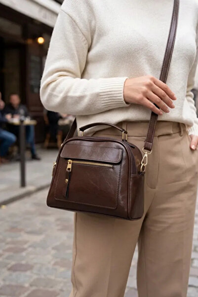 Adelina Bags Women's Leather Look Three-Compartment Crossbody Bitter Brown Ha...