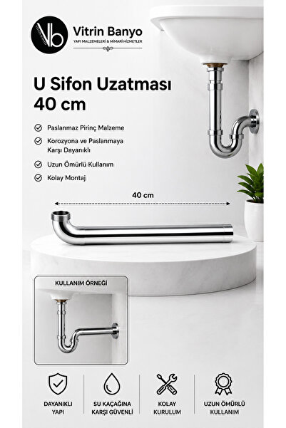 vb vitrinbanyo 40 cm U Sifon Uzatması Krom Lavabo Evye Sifon Uzatma Borusu Te...